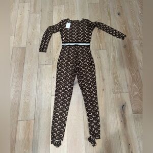 Brand new mesh Brown and Beige Crescent Print Long-Sleeve Jumpsuit size large